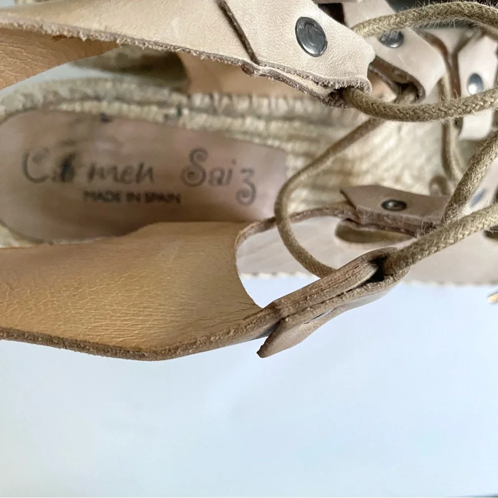 Anthropologie Carmen Saiz Leather Espadrille Wedge Sandals Strappy Gladiator Tan